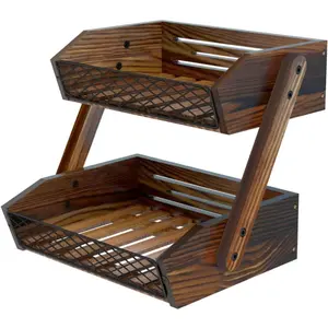 Fruit Basket for Kitchen, 2 Tier Fruit Bowl,Kitchen Counter Organizer,Wooden Vegetable Holder for Countertop,Bread Storage Basket Stand