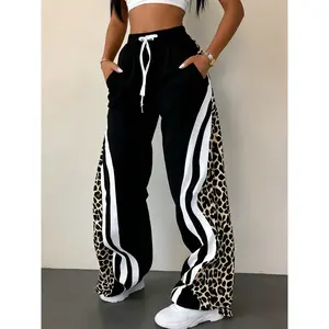Women's Casual Leopard Print Sweatpants, Side Drawstring Waist, Fitted Long Pants, Comfortable Street Style, All Seasons Wear, Casual Jogging Pants, Athleisure Style Bottoms