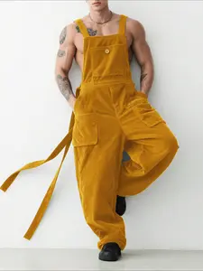INCERUN Men's Stylish Casual Menswear Plain Solid Polyester Fabric Suspenders Overalls Pants, Multi Pocket Overalls, Corduroy Design with Floating Straps, Ideal for Everyday Wear