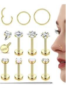 14K Gold Filled Nose Rings for Women Men - 18G 16G Hypoallergenic Surgical Steel Nose Rings Studs Hoops Hinged Nose Ring Opal CZ Internal Thread Flat Back Studs for Women Cartilage Lip Piercing Jewelry