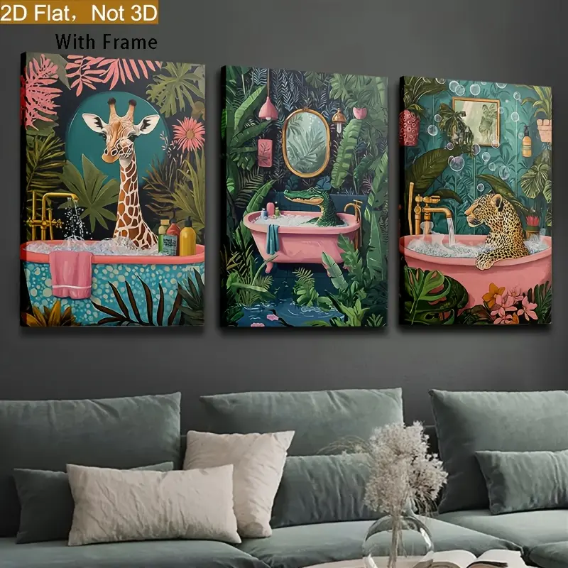 Bohemian 3-Piece Animal Framed Wood Wall Art Set - Triple Panels with Giraffe, Leopard, Crocodile in Bathtub, 2D Flat Graphic, Vibrant Tropical Jungle Pink Details, Waterproof Glossy Minimalist Geometric Decor, Easy Install for Bathroom, Kitchen