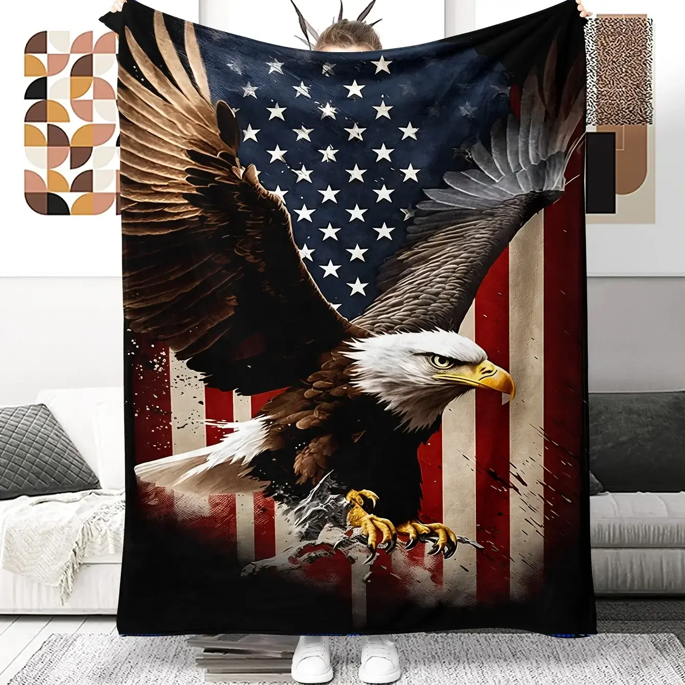 Patriotic Eagle American Flag Digital Embroidered Flannel Throw Blanket - 1 Piece, Polyester Fiber, All-Season, Multi-Functional, Ideal for Sofas, Camping, Gifting, Throw Blankets