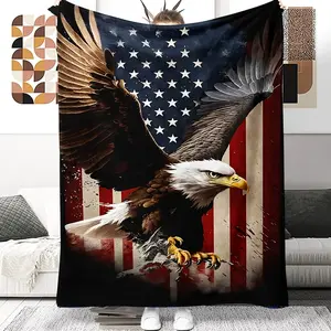 Patriotic Eagle American Flag Digital Embroidered Flannel Throw Blanket - 1 Piece, Polyester Fiber, All-Season, Multi-Functional, Ideal for Sofas, Camping, Gifting, Throw Blankets