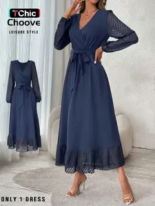 Women's Fashion Long Sleeve Dress, Cross V-Neck Design, Lantern Sleeves, Waist Belt Included, Elegant Casual Wear