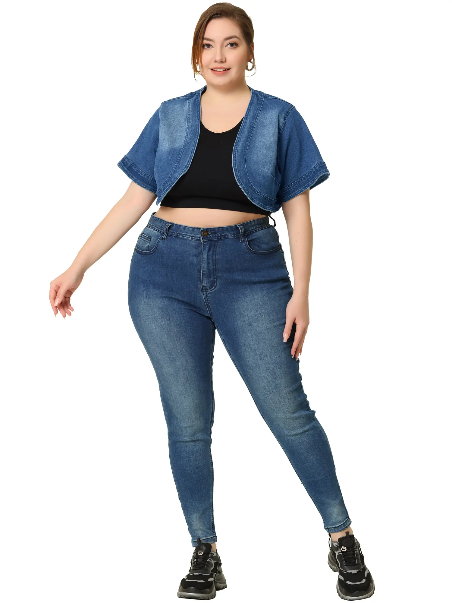 Agnes Orinda Plus Size Denim Jackets Cardigan Casual Short Crop Jean Jacket Shrug