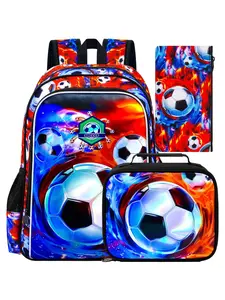 17" Soccer Dual Sided Backpack for Boy, 3Pcs Football School Backpacks with Lunch Box, Kids Bookbag for Elementary Preschool Kindergarten(Ice and Fire)