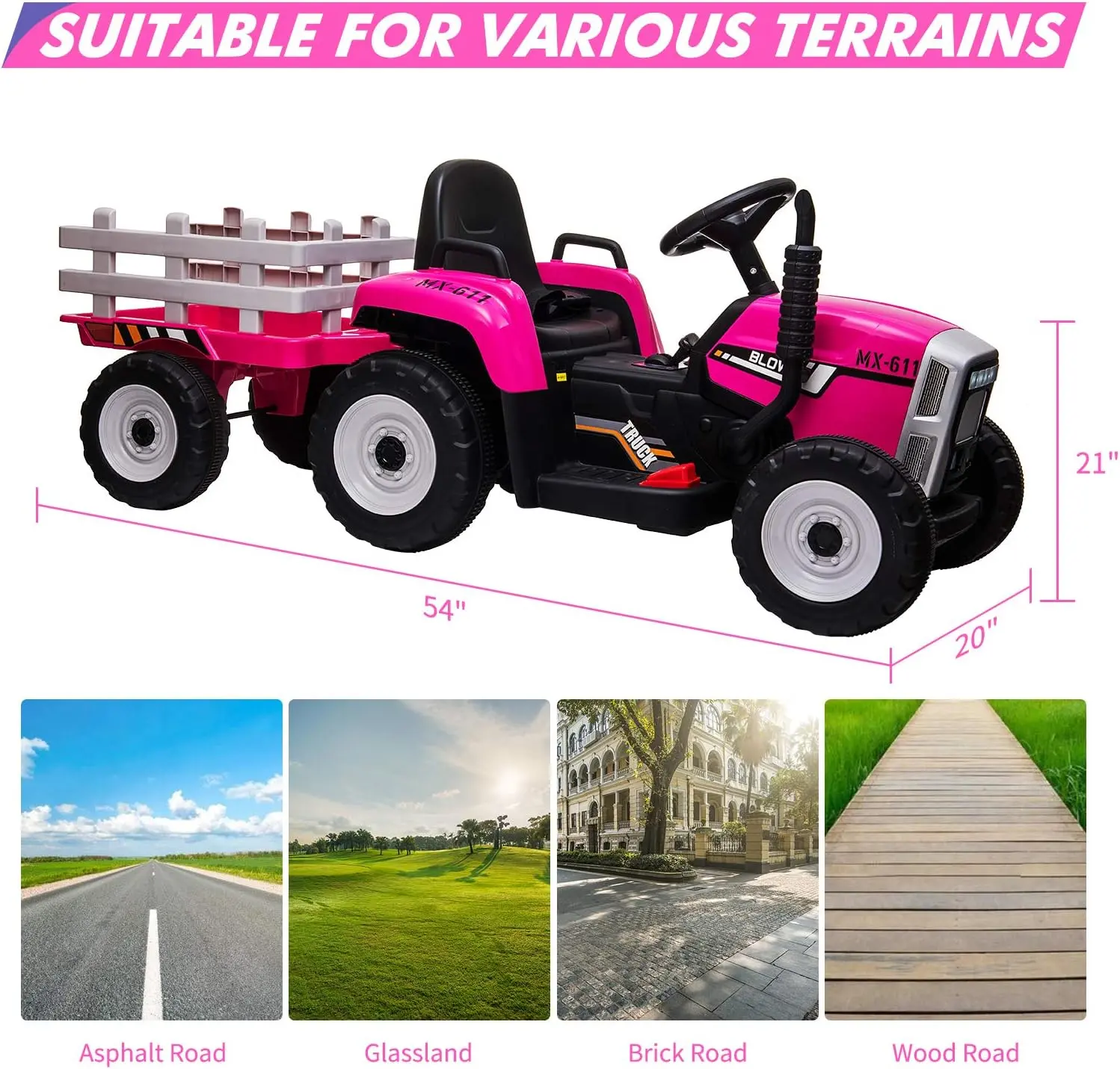 12V Battery-Powered Unisex Parental RC Electric Tractor with Trailer - Kid-Friendly Wheel-Powered Toy Car, Rechargeable Battery, 7 LED Lights, MP3 Player, EVA Tires, Adjustable Safety Belts, TF Card Slots, Rose Red - Christmas Gift for 12+ Years