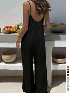 LovelyWholesale-US Women's Classic Casual Solid Color Wide Leg Romper, Sleeveless Spaghetti Strap Fitted Jumpsuit, Colorblock Style, Perfect for Daily Wear，For Spring & Summer, Everyday