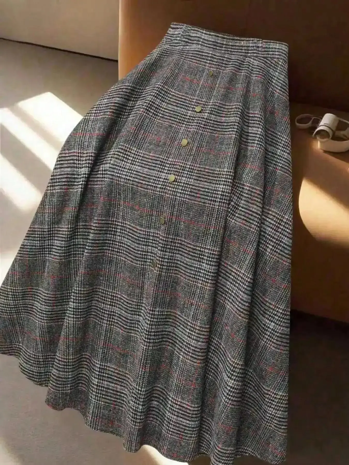 High Waist Women's Plaid A-Line Midi Skirt Button Front Vintage Dark Academia Preppy Style Office Workwear Business Casual Chic Formal Elegant Modest Flowy Bottoms Classic Daily Outfits Flattering Fit Old Money easy wear
