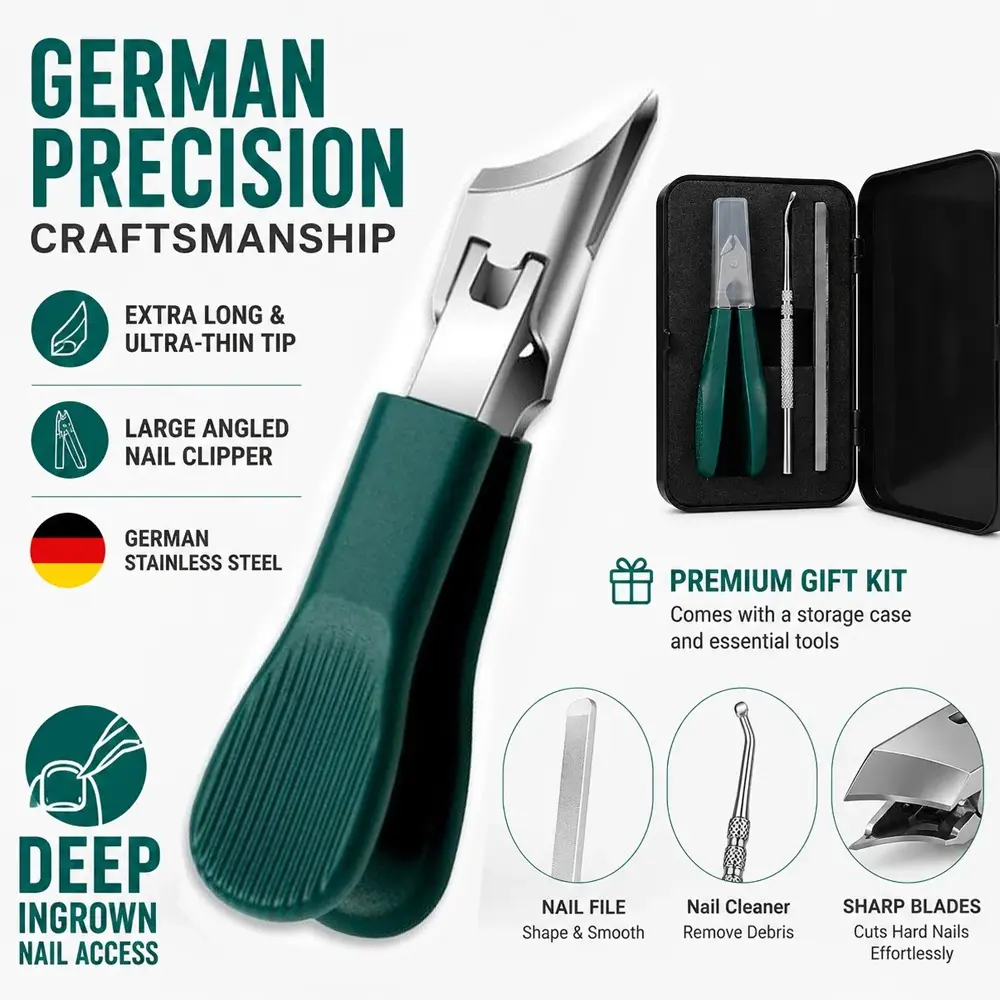 3Pcs Hawkbill Angled Clipper Nail Care Set - Heavy-Duty Stainless Steel Ingrown Toenail Tools with File, Cleaner, Polish, Anti-Slip Grip - Compact Smooth Cut Home Care Kit for Thick Hard Nails, Ideal Storage Solution, Great Gift for Manicure Needs