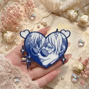 Blue Manga Style Phone Grip, Heart Shape Acrylic Grip with Illustrated Face Art, Cute Phone Holder Stand for Smartphones