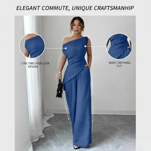 Elegant commuter slanted shoulder feature hot-selling pocket zipper pants women's solid color suit
