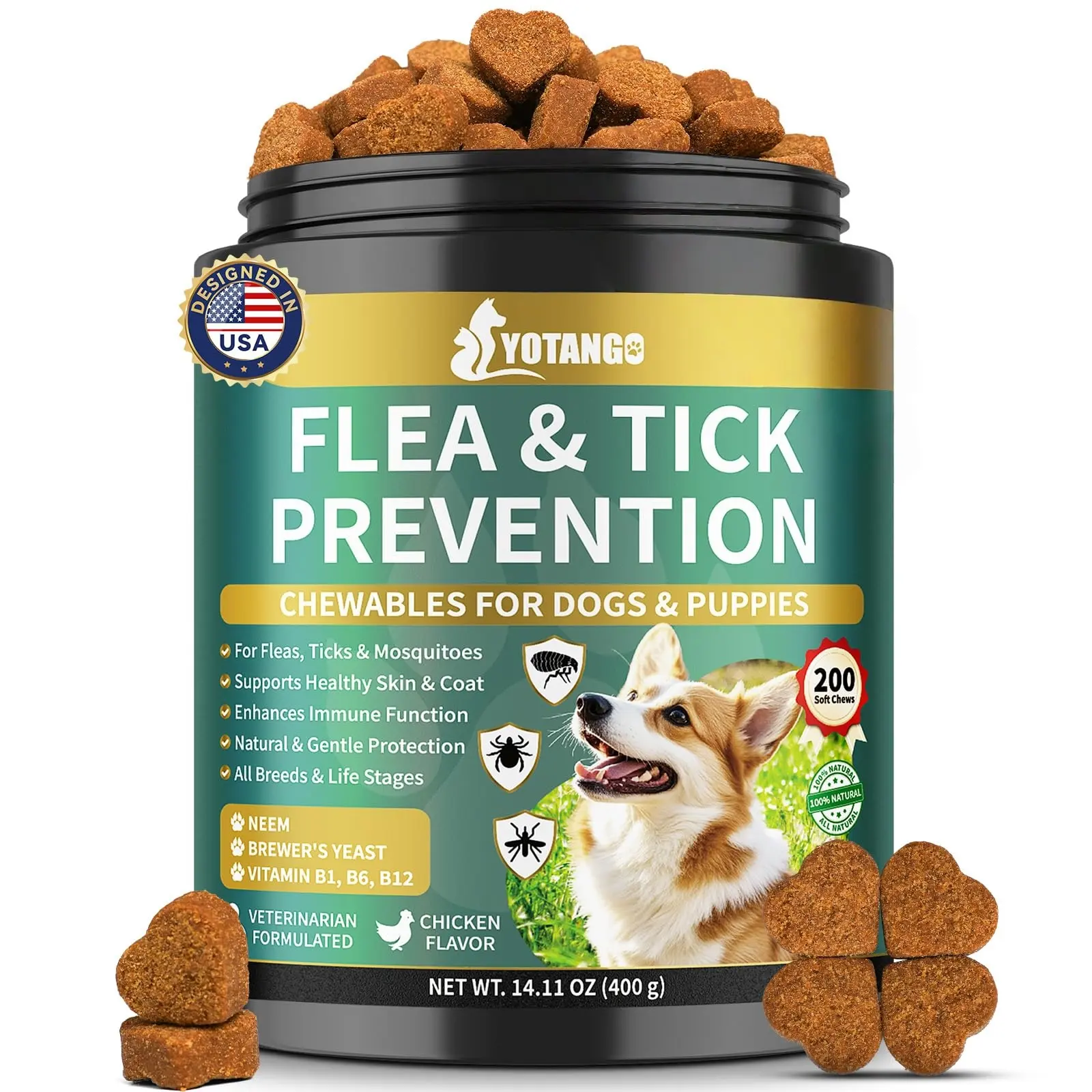 YOTANGO Flea and Tick Prevention for Dogs Chewable, 200 Soft Treats Natural Dog Flea and Tick Treatment Chewable, Oral Flea Supplement Chews, Skin & Coat Support for Dogs Puppies - All Breeds & Ages #sohochic