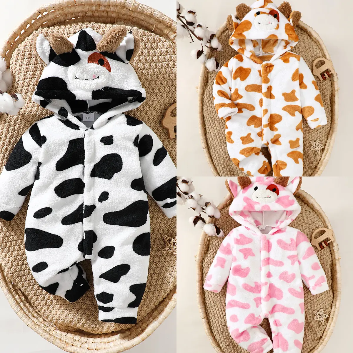 Ready Stock 1-18m Baby's Cute Milk Cow Pattern Romper,Long Sleeve Hooded Single Breasted Design Bodysuit For Fall Winter 12405065 Toddler Outfit baby clothes girl