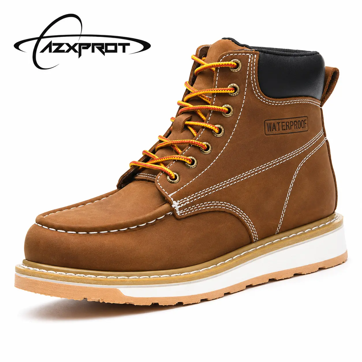 AZXPROT Men's 6-Inch Moc Toe Full Grain Leather Work Boots, Waterproof Breathable Footwear for Gardening with Lightweight Wedge Rubber Sole & Foam Arch Support, True Size, Work & Hike, Round Toe, Farming, All Seasons