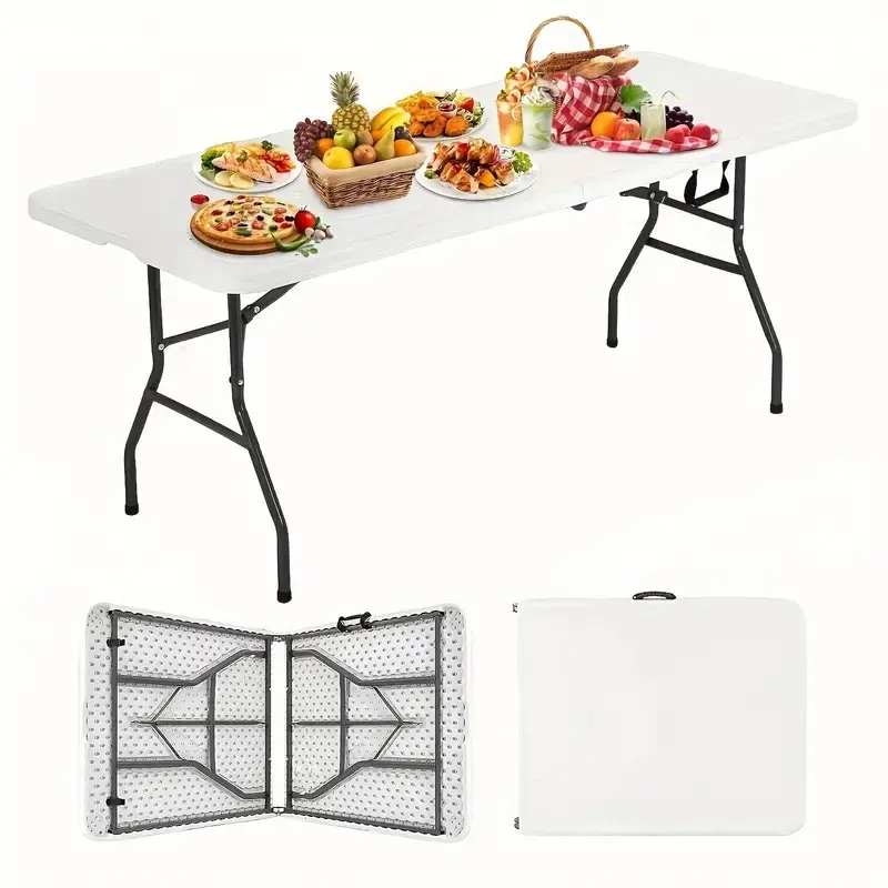 8Ft Foldable Plastic Portable Table with Handle & Lock - Heavy Duty, Waterproof Top, Pre-Assembled Fully Assembled for Camping, Party - White,home decor,camping essentials