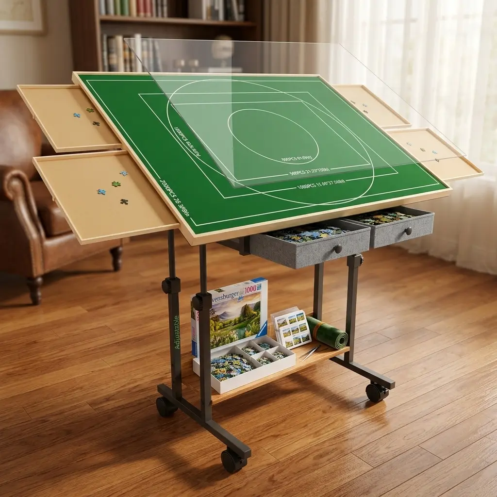 BACEKOLL Mobile Rolling Puzzle Table for Adults - Adjustable Tilting Board, 6 Secure Piece Drawers, Multi-Use Storage, Guideline Felt Mat, Protective Cover, Fits 1500-2000 Pieces