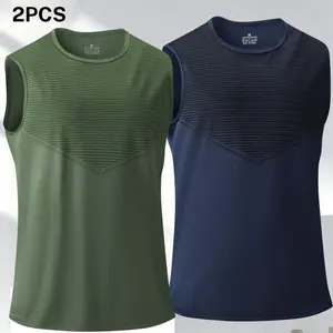 Men's striped patchwork quick dry sports tank top, casual sporty style, quick dry fabric breathable and sweat wicking, striped design adds layering detail, precise and tidy stitching, sleeveless fit for a cool and comfortable feel, suitable for men who en