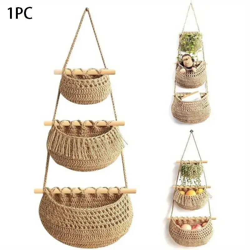 Boho Style Wall Hanging Storage Basket, Bohemian Basket, 1 Set 3 Layer Handmade Cotton Rope Storage Basket, Multifunctional Home Decor for Living Room Bedroom Kitchen, Organiser, Organizer, Organizing Baskets, Hangable, Cascading Fruit Baskets