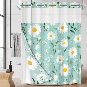 1pc hookless bathroom shower curtain with buckle lining, spring white and green daisy Flower floral design, 2D flat printing, fabric waterproof lining, see-through double shower curtain, 71 x 74 inches, modern home draping curtain