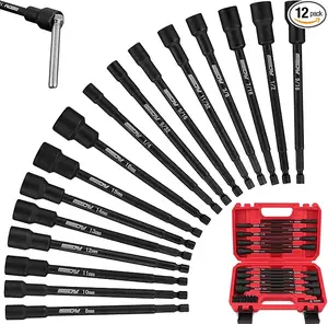 11PCS Magnetic Extra Long Nut Driver Set, Metric 8-15mm, 6" Impact Nut Drivers with PH2 Bits, 1.5lb Telescoping Magnetic Pickup Tool & Storage Rail, 1/4" Hex Shank, S2 Steel for Automotive Home Repair