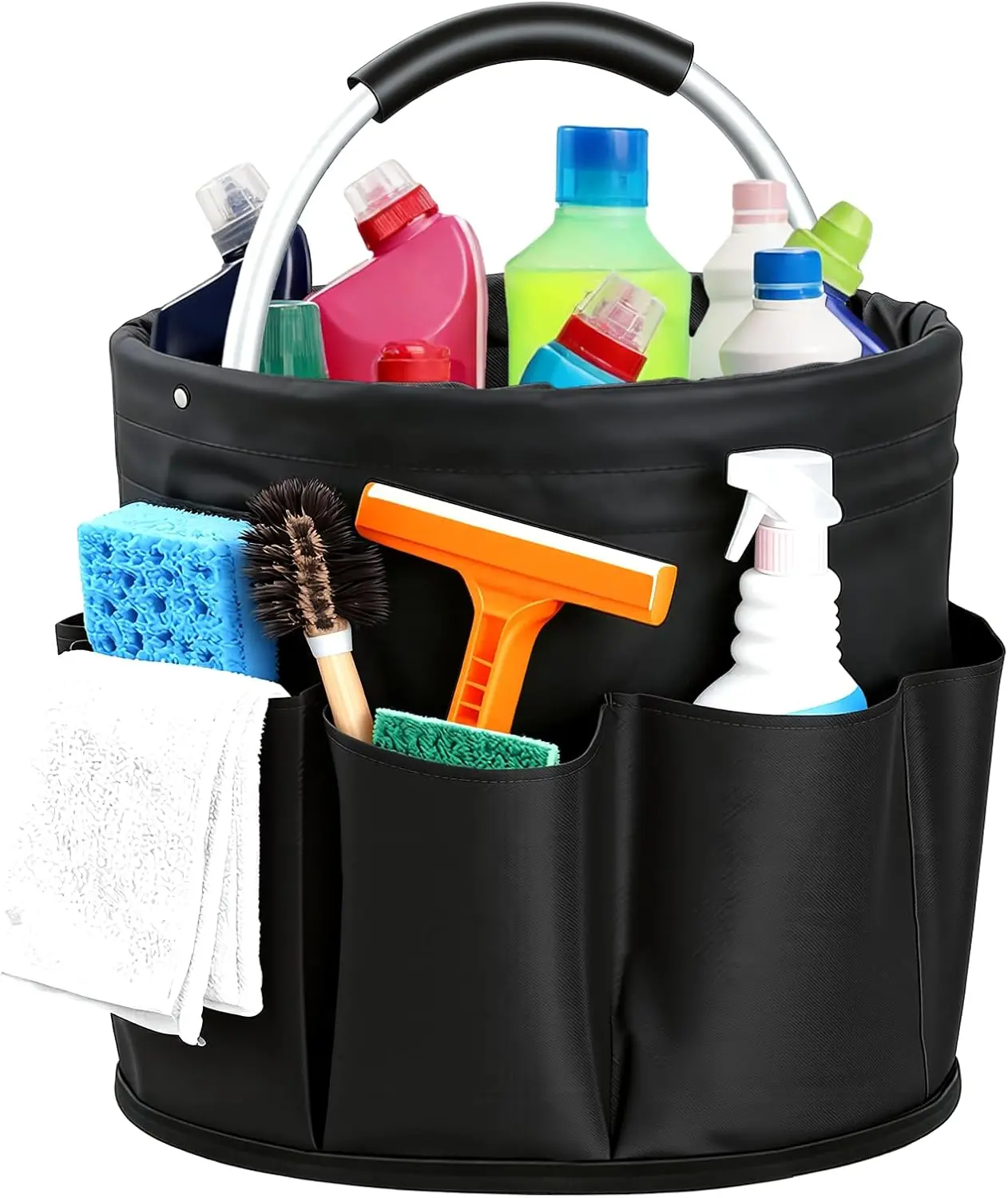 Acrylic Cleaning Caddy with Handle, Foldable 17L Storage Basket, 6-Pocket Home Organizer, Portable Supply Holder for Home & Garden (Black)