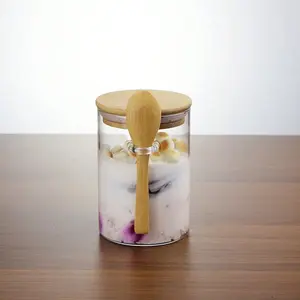 2pcs Borosilicate Glass Food Storage Containers With Bamboo Lids And Spoons, 15 Oz Glass Jars, Kitchen Canisters Set, Overnight Oats Containers, For Cookies, Candy, Coffee, Sugar, Matcha, Flour, Yogurt