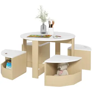 5-Piece Table & Chairs Set – White. 1 Table + 4 Chairs + Storage Under Each Seat. Chairs Tuck Under Table. MDF + Smooth Surface. ASTM & CPSIA. Ages 3-8