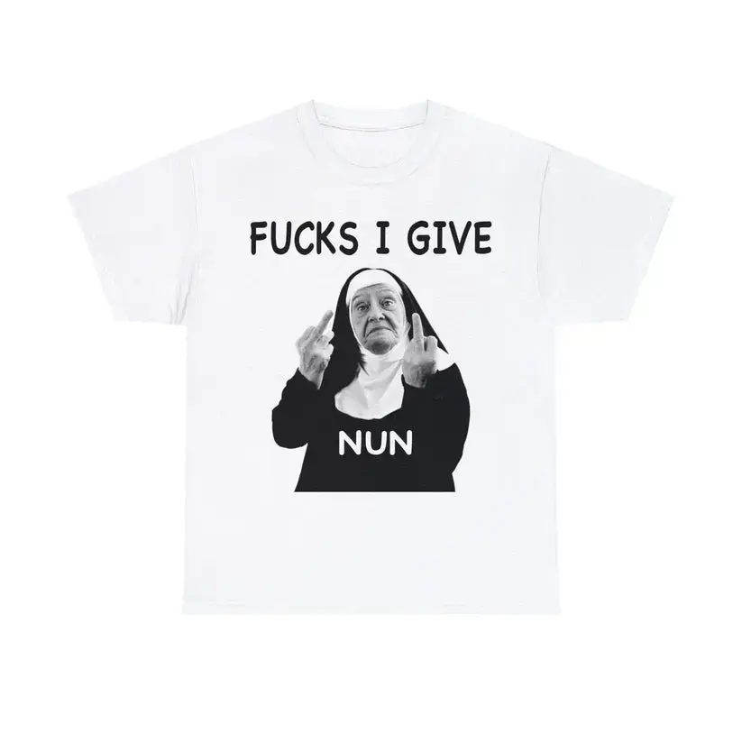 Nun Middle Finger F*ck I Give T-Shirt, Funny Meme Genz Dank Graphic Shirt, Vintage Style Parody Tee, Top Menswear Streetwear Crewneck