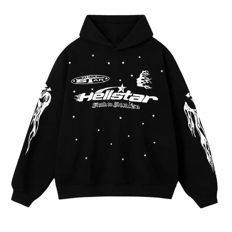 Classic black Hellstar Racer tracksuit with flame print, hoodie and sweatpants, loose fit, street style.