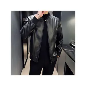 Men's Faux Leather Jacket With Pockets, Casual Baseball Collar Zip Up Long Sleeve Jacket For Outdoor