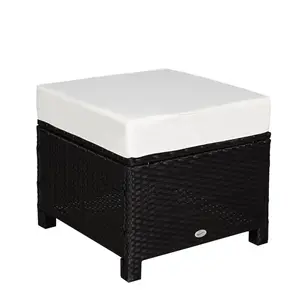 Outsunny 20" Patio Wicker Ottoman, Multipurpose Outdoor PE Rattan Footrest, Additional Seating, Side Table with Soft Cushion, Black, Cream White
