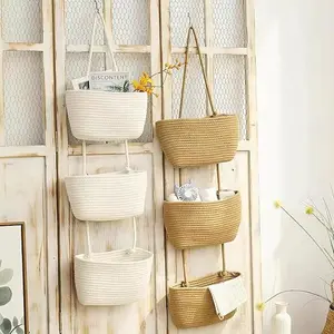 Over the Door Organizer – 3-Tier Hanging Woven Baskets. White Wall Storage for Bathroom, Kitchen, Bedroom, Closet & Boho Nursery Decor Easter