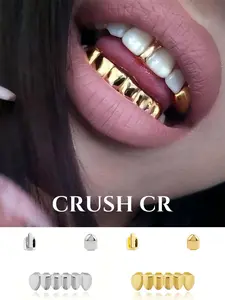 CRUSH CR 18K Gold Plated Full Mouth Grillz Set, Single Tooth Cap Full Top/Bottom Options in Gold and Silver, For Hip Hop Concerts, Club Nights and Streetwear Fits Halloween Parties Music Festivals, Ideal for Rappers, Trendsetters, Teeth Cover Girls