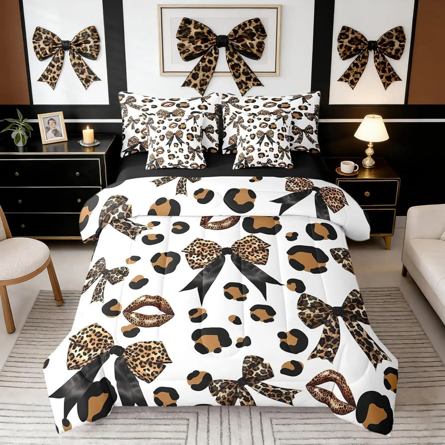 Leopard Bowknot Comforter Set,3D Lips Bed Set 7pcs with Comforter,Fitted Sheet,Flat Sheet,2 Pillowcases,2 Throw Pillow Covers,Fashion ish Bow-tie Bedding Set
