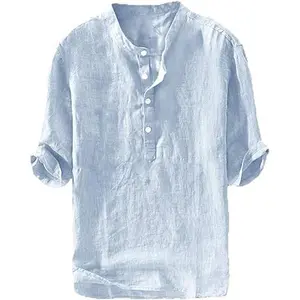 Runcati Mens Linen Shirts Casual Cotton 3/4 Sleeve Regular-Fit Henley T-Shirt Summer Lightweight Beach Yoga Tops