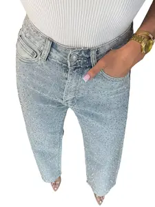 Women's High Waist Straight Leg Jeans, Rhinestone Embellished Washed Denim Jeans, Casual Fashion Long Trousers for Women