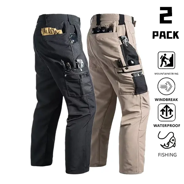 Men's 2-Pack Tactical Cargo Pants, Plain Straight-Leg Trousers with Multiple Pockets, Waterproof Fabric for Outdoor Hiking & Fishing, Menswear, Black + Khaki, Set, Polyester, Mid Waist, Casual Basic