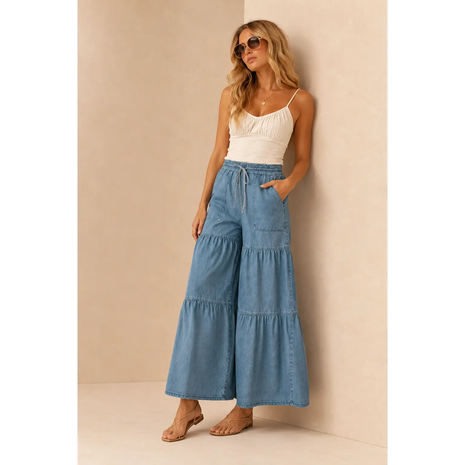 Women's Tiered Wide Leg Pants in Soft Washed Fabric, Boho Style with an Adjustable Waist and Pockets