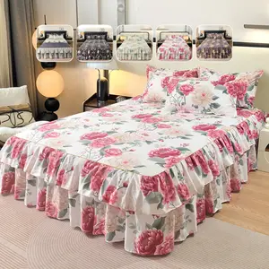2/3pcs Floral Bed Skirt Fitted Sheet Set, 38cm/14.96" Extra Long Ruffle Skirt, Elastic Strap Non-Slip, Soft & Cozy Breathable Fabric, Includes Pillowcases, Perfect for Aesthetic Bedroom Upgrade