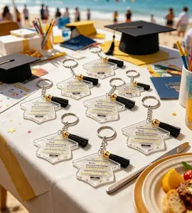 15Pcs Graduation Cap Keychain Gift Set – 5 Acrylic Keychains with Inspirational Words, 5 Cards & 5 Organza Bags. Ideal Graduation Keepsake for Ceremony, Party and Themed Events.