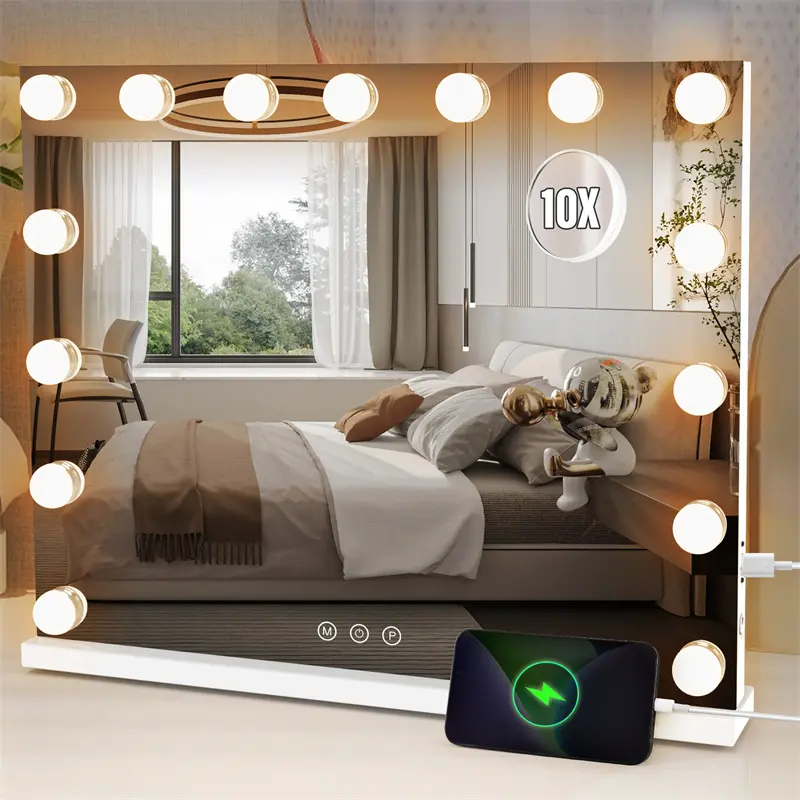 15 LED Lights Large Hollywood Mirror with 15 LED Lights Infinitely Dimmable Makeup Mirror with 3 Colors Lighting Mode,  Can Magnify 10x for Easy Makeup Application Mirror.  Suitable for Study Desk, Computer Desk, Bedroom Study. Decor