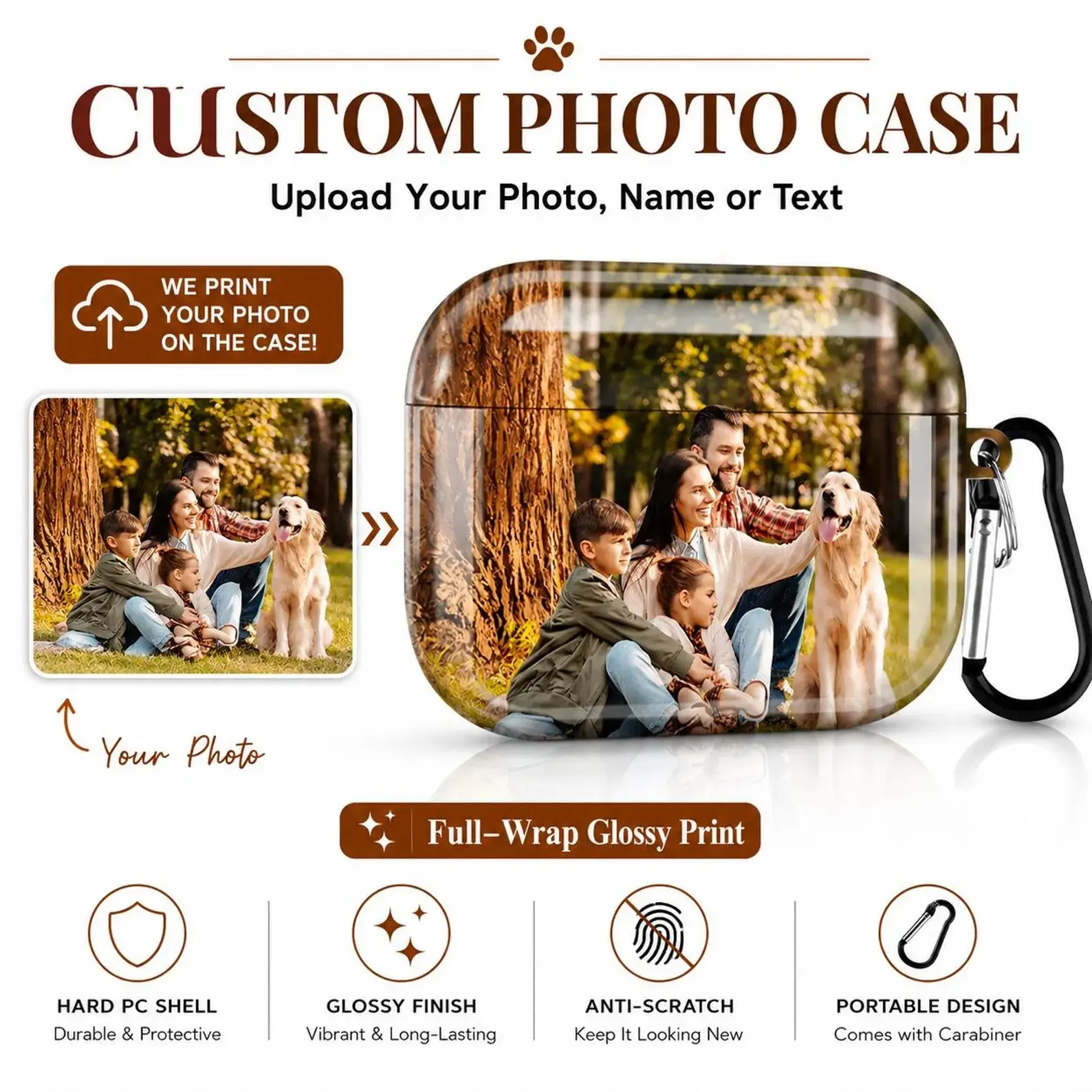 Personalized AirPods Case – Custom Photo for AirPods Pro 1/2/3/4 Protective Hard PC Cover Full Wrap Glossy Print with Keychain