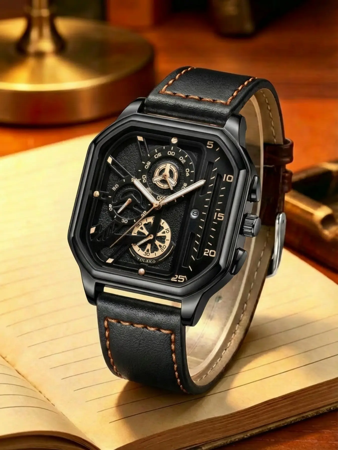 A men's black leather strap cool square calendar large dial student sports style quartz wristwatch Analog Quartz Watch