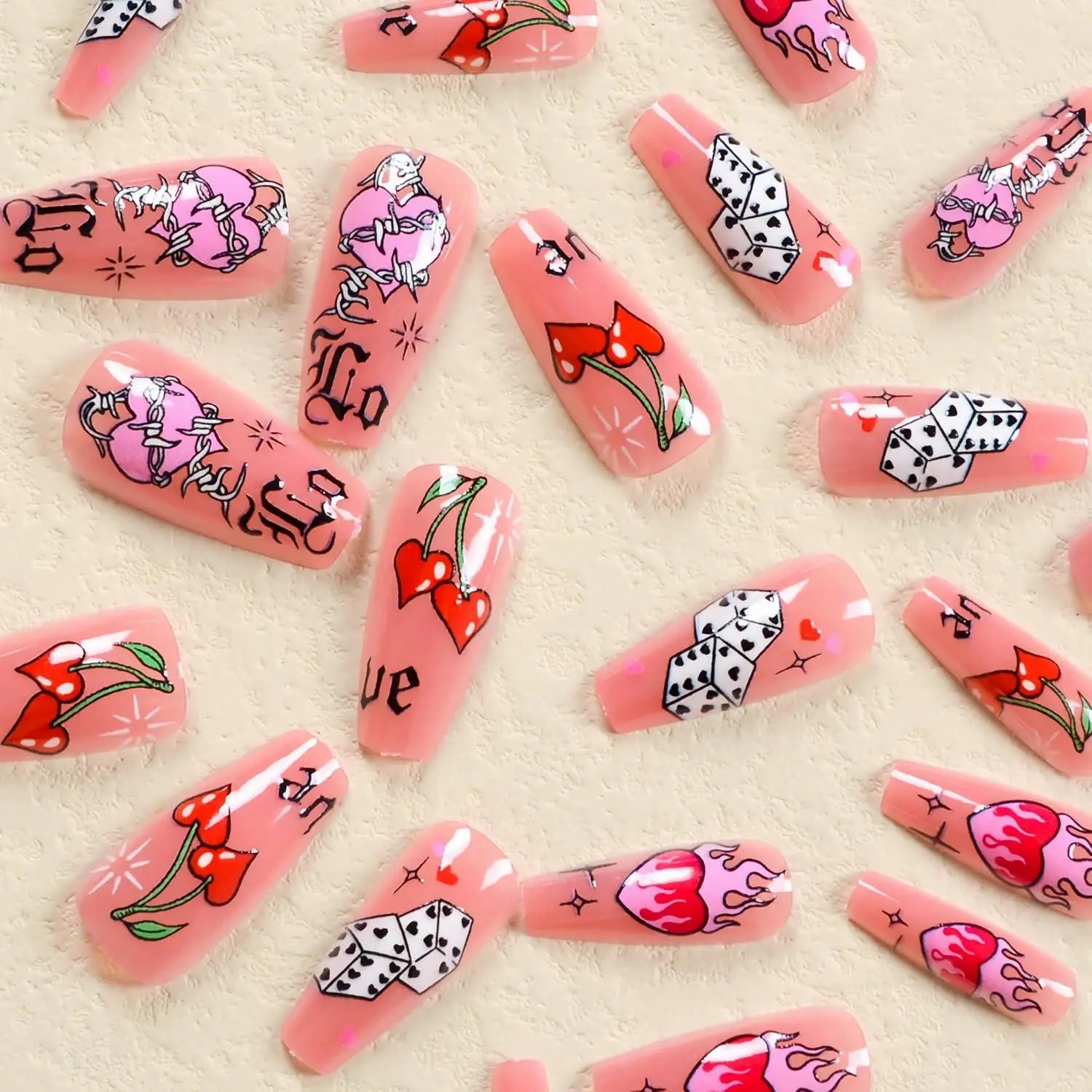 Press on Nails Long Coffin Fake Nails Pink Heart Glue on Nails Valentine Day Dice Arcylic Nails 24Pcs Manicure False Nails Ballerina Stick on Nails Glossy Artificial Nails BABALAL