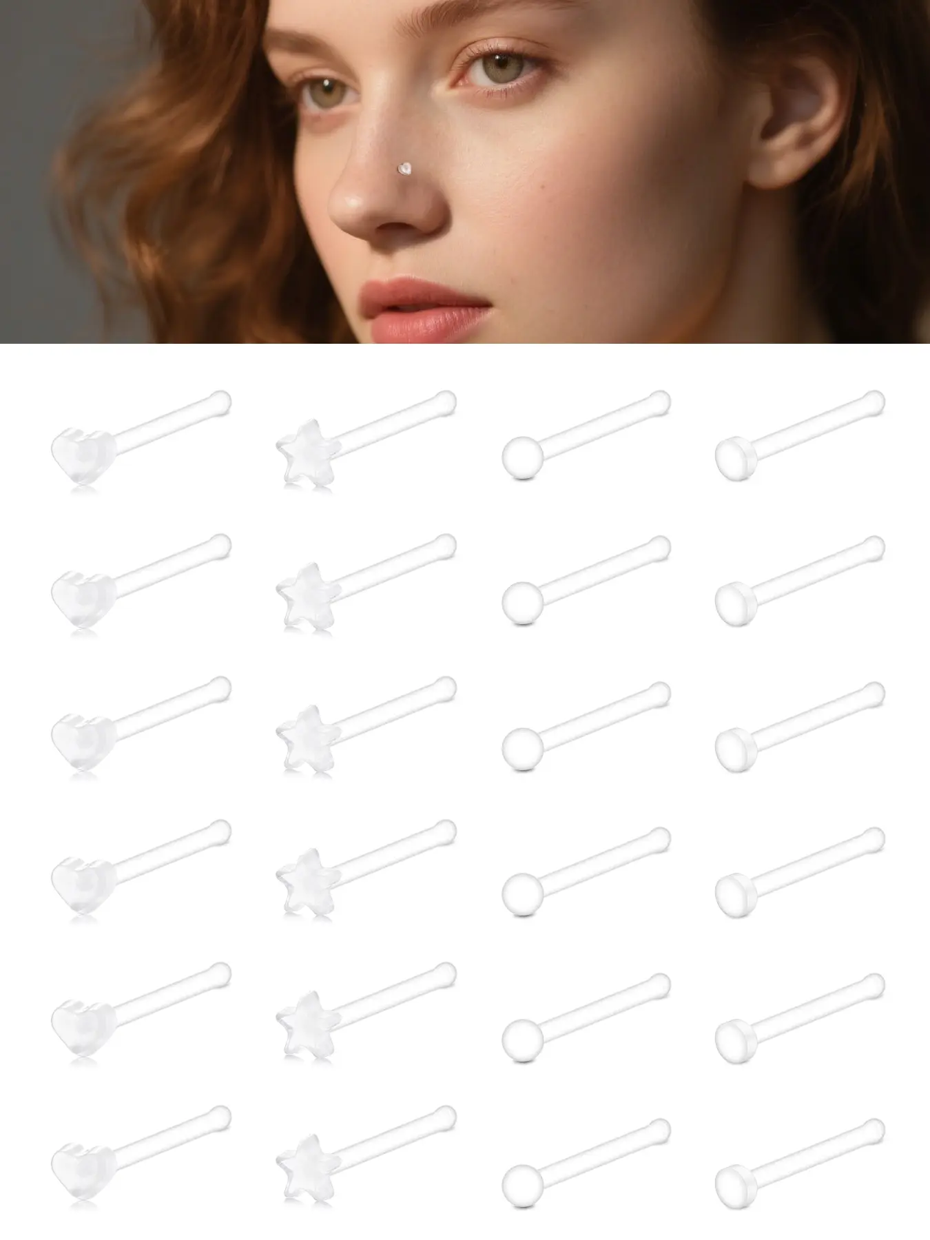 18g Clear Nose Studs Clear Nose Rings for Work L Shaped Plastic Piercing Retainers for Surgery Sport School Small Tiny Bioflex Invisible Nostril Piercing Spacers Retainer Star Heart 18 gauge Body Piercing Jewelry Nose Piercing Jewelry