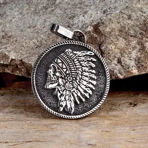 GTHIC Indian Chief Skull Pendant Stainless Steel Round Jewelry for Men Women Daily Wear