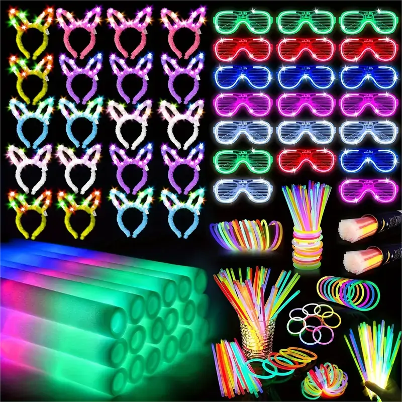 260pcs Multicolor Party Set - Festive Lighted Supplies Kit with 20 Foam Sticks, LED Glasses, Rabbit Ear Headbands, 200 Glow Sticks for Weddings, Birthday Events | summerwins Party Bags & Gifts