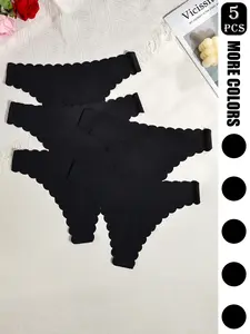 5 Pack Women's Seamless Thongs - Black Low Rise Scalloped Edge Smooth Nylon Spandex Blend No Show Invisible Panties Soft Underwear