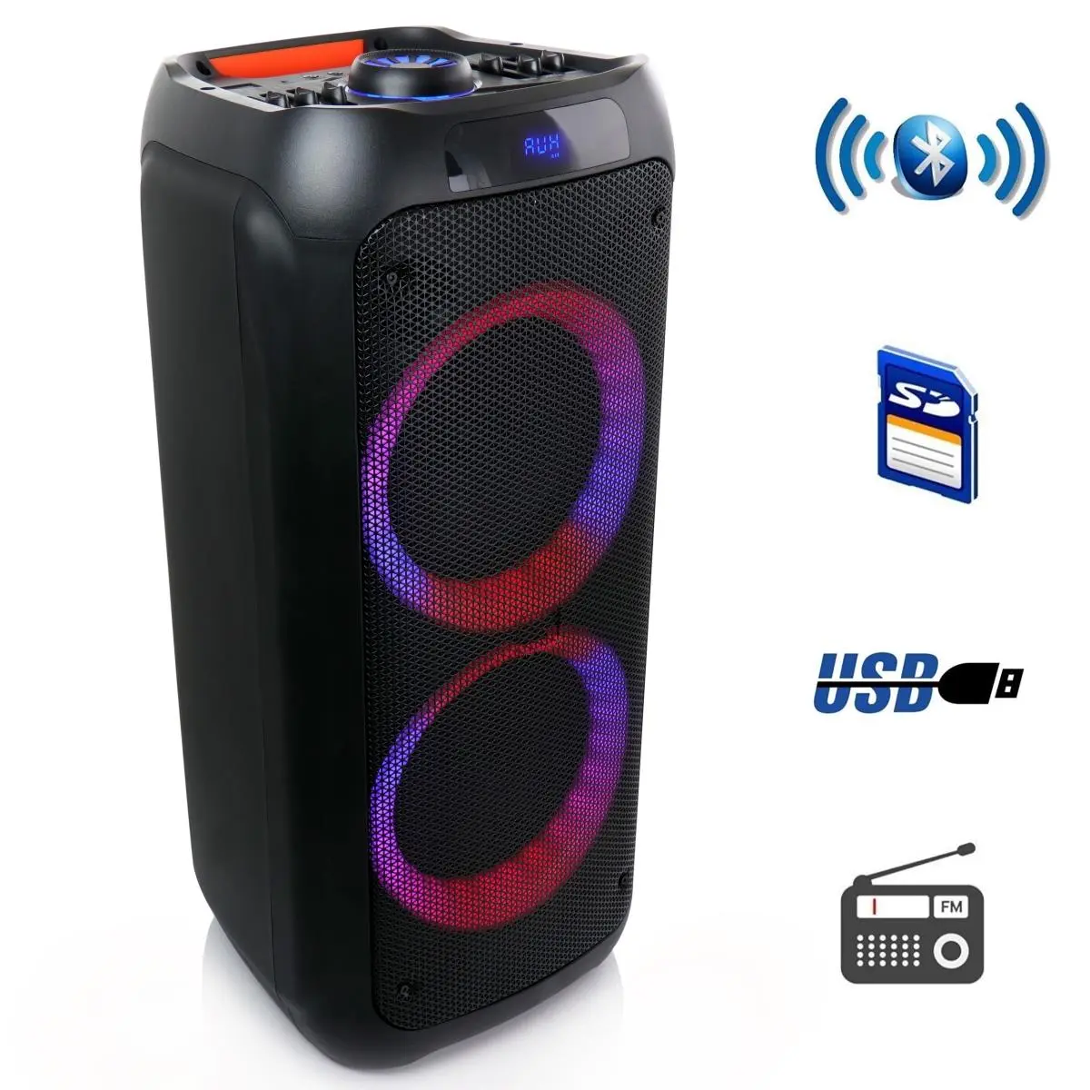 212 MAIN 8 in. Dual Bluetooth Wireless Portable Party Speaker Device - Handy with Mics, Handle, Reactive Lights, Audio Playback, Smartphone Compatibility, Card Reader, Remote Control, Adjustable Settings